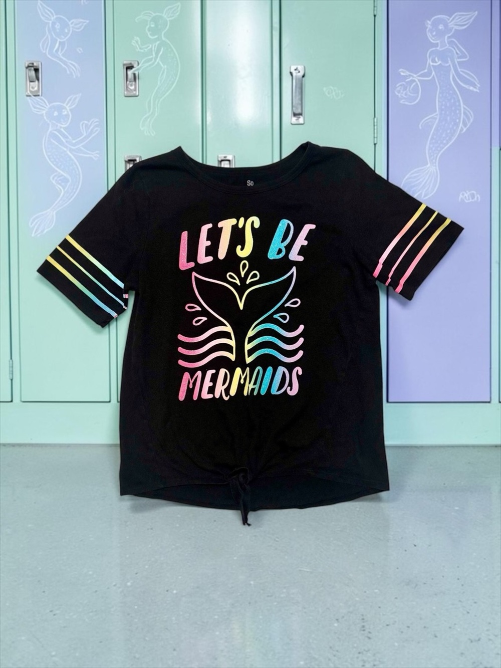 💜 Justice Girls 14 “Let’s Be Mermaids” Tie‑Front Tee Rainbow Glitter EUC